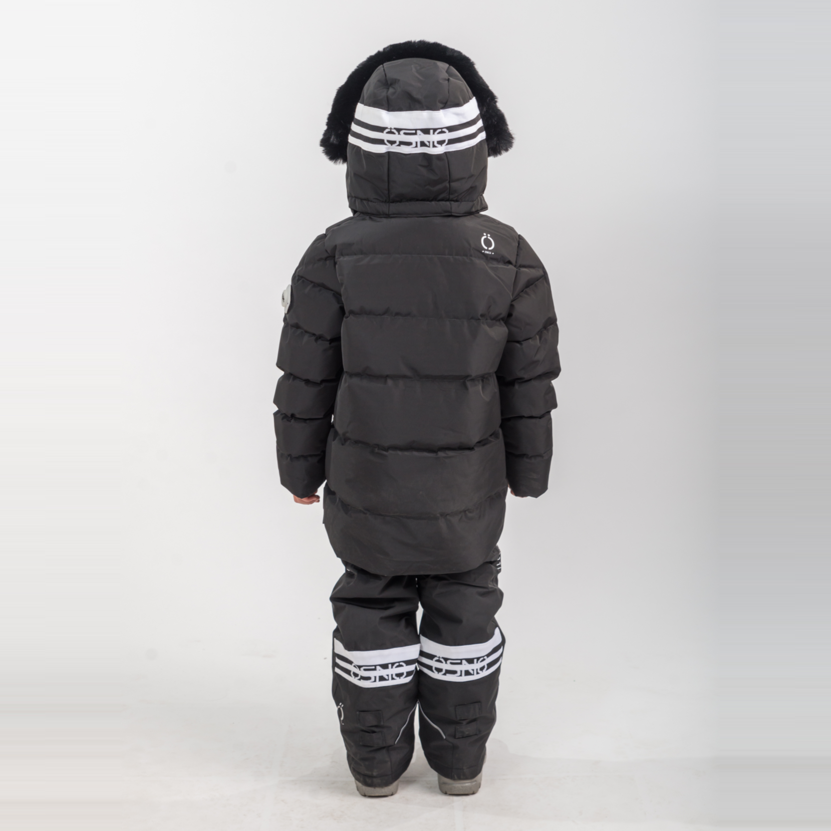 Black snowsuit with white stripes on a white background